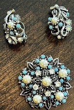3pc Star Vintage Silver Brooch Clip Earrings set Rhinestones Pearls Turquoise