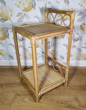 Small Vintage Bamboo Rattan Plant Stand 2 Tier Shelf Bedside Table Tiki Retro