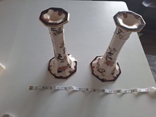 SUPERB PAIR MASONS IRONSTONE BLUE MANDALAY OCTAGONAL 8.75 " CANDLESTICKS