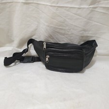 Black  genuine Leather  Unisex 3 Zipped Pockets Travel Money Waist Bum Bag 