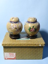 Vintage 5" Boxed Pair Chinese Cloisonne Enamel Ginger Jars with Wood Stands #PCC