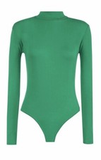 Womens Long Sleeve Polo Neck Bodysuit Ladies Plain Turtle Top Leotard UK 8-26