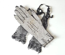 Vintage Victorian French Black Crocheted Mesh Gloves. Deadstock Gothic Halloween