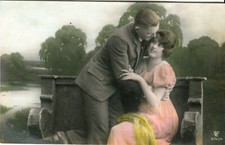 Romantic couple bench lake