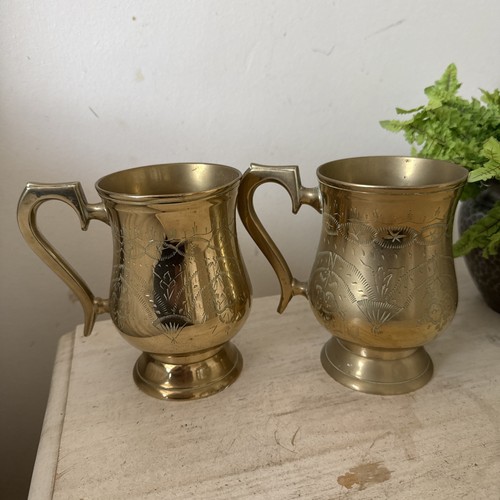 Pair brass tankards etched - brass, 5