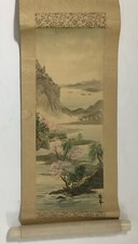 Vintage Chinese Hand painted Paper Backed Cloth Hanging Scrolls x2