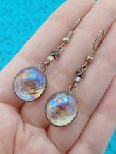 Beautiful Unusual Oval Silver Tone & Rainbow Hued Glass Beaded Drop Earrings