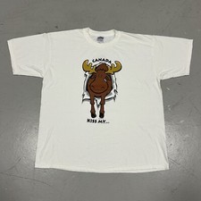 Vintage Canada Kiss My Moose Funny Script Parody Art White T Shirt Adult XL Fun 