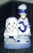 Vintage Porcelain Figure Blue & White Lady with Bird in Bird Cage Decorative
