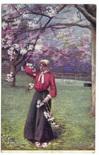 Tuck's Artist Drawn Postcard Cherry Blossom - Woman Picking Branches of Blossom