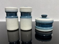 Wedgwood Blue Pacific Cruet Set Salt & Pepper Pots & Mustard Pot Old Style