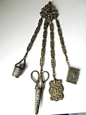 ANTIQUE EARLY 19t c  METAL CHATELAINE ,THIMBLE,SCISSORS,AID MEMOIR,PIN CUSHION