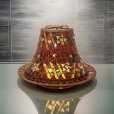 Large Yankee Candle Red Green & Gold Mosaic Glass Shade & tray Plate Home Decor