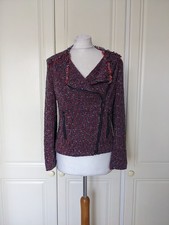 Jigsaw Tribal Linton Tweed Blue Red Biker Style Jacket Size UK10 Fringe Trim 