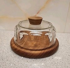 Arcoroc France Glass Cheese Dome Cloche With Wooden Serving Plate And Handle