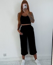 Ladies Black Elastic High Waist Wide Leg Lightweight Cropped Trousers Size 10