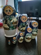 7 Piece Vintage Russian Doll Set Blue Winter Christrmas Traditional Hand Painted