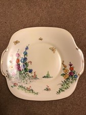 Vintage Crown Staffordshire Hollyhock Large 10” Cake Plate 1930's (2) Hand Paint
