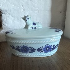 Mid Century Delft Style Butter Dish Hand Painted Blue & White Calf Vintage