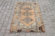 3x5 ft Vintage Beige & Blue Rug: Handmade Boho Oushak Tribal Carpet for Hallway