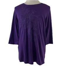 Blair Floral Embroidered Front 3/4 Sleeve Top Purple Size Large New 9506