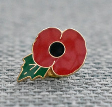 UNDATED ENAMEL POPPIE PIN BADGE, LEAF ON LEFT.