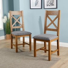 Pair Of High Backed Dining Chairs Checked Seat Solid Oak Legs Fully Assembled
