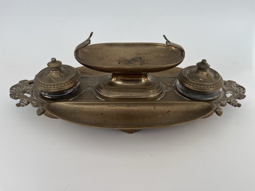 Victorian brass double inkwell - brass,