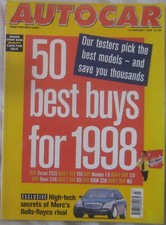 AUTOCAR magazine 14/1/1998 featuring Bentley, Fiat Barchetta, Peugeot 106 Rally