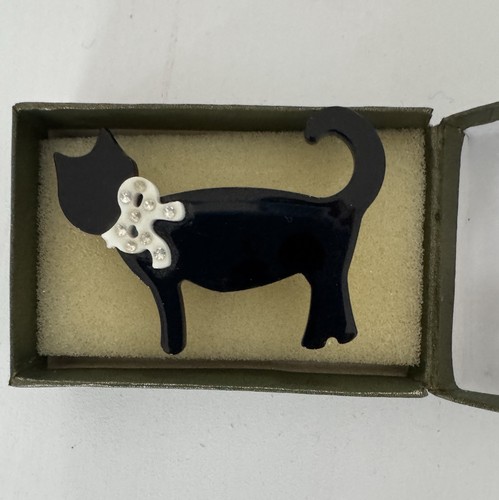 Vintage style black cat brooch - black,