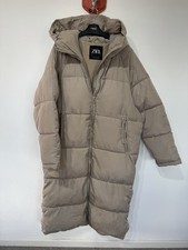 Zara Taupe Beige Puffer Quilted Feather Down Hooded Coat Oversized Size M