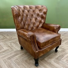Elm Home And Garden Genuine Real Brown Tan Leather Wing Wrap Arm Chair Hardwood