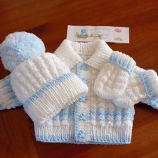 Hand Knitted Baby Cardigan, Hat & Mitten Set 0-3 Months WHITE/BLUE NEW