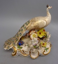 19th Century Derby Porcelain Peacock with Encrusted Flowers