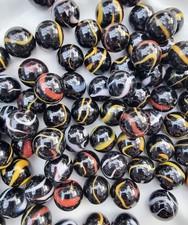 BLACK SWIRL MIX - 25 Beautiful Glass Marbles - Red White and Yellow Swirls- 16mm