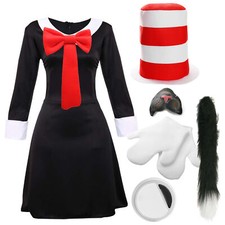 CAT IN HAT COSTUME SET WORLD BOOK DAY HAT GLOVES TIE TAIL ADULTS WOMENS