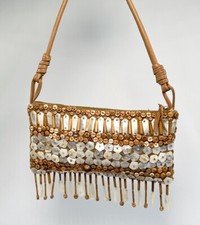DASLU Vintage Bag Brown Hessian With Hand Stitched Beading & Beaded Tassel