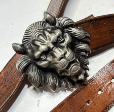 Lion Head Buckle & Heavy 44" Military Belt LARGE Vintage LEO Statement Accessory