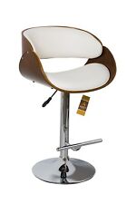 Curved Padded Bar Stool/Walnut Wood, White Leather Effect Seat and Chrome Base