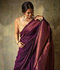 Women Bollywood Designer Soft Lichi Silk Purple Saree With Blouse Bridal Wear