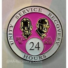 24 Hour Alcoholics Anonymous Medallion Pink White Gold AA Sober Chip Coin