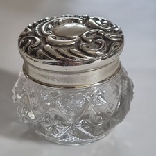 Vintage Avon Old Purfume 12  Etched Floral Glass Jar Silver Wide Lid Trinket
