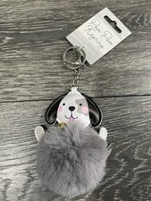Pom Pom Keyring Dog Grey Pom