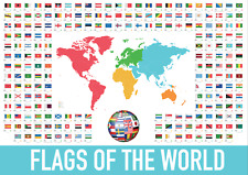 Flags of World Map Continents Geography Learning Aid Large Small Poster Wall