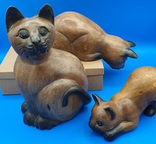 Vintage large hand carved wooden CAT FAMILY - 3 figurines - Largest is 10" tall