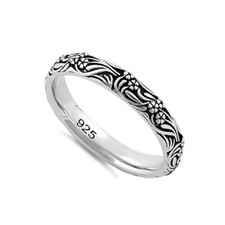 925 Sterling Silver Oxidized Platinum Plated Bold Flowers Vines Eternity Ring