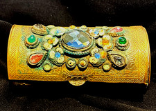 ANTIQUE JEWELLED LID METAL BARREL BOX UNUSUAL ITEM