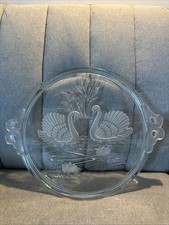 Vintage Mikasa Swans Crystal Pie Cake Plate Frosted Swan Handle Pedestal Stand