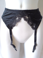 Ladies Black Satin Soft Smooth Lace Front Trim Nylon Suspender Belt Size Medium