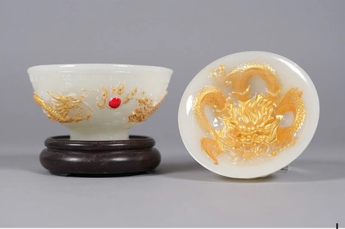 Jade fine chinese gilded bowls - jade,